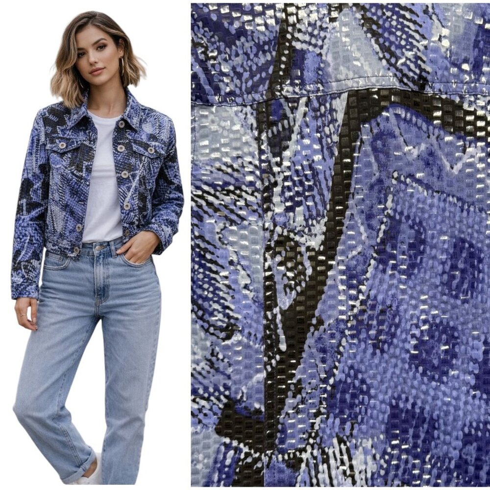 Y2K Ruby Rd Textured Snake Print Trucker Jacket Blue Sz 8P Maximalist Streetwear